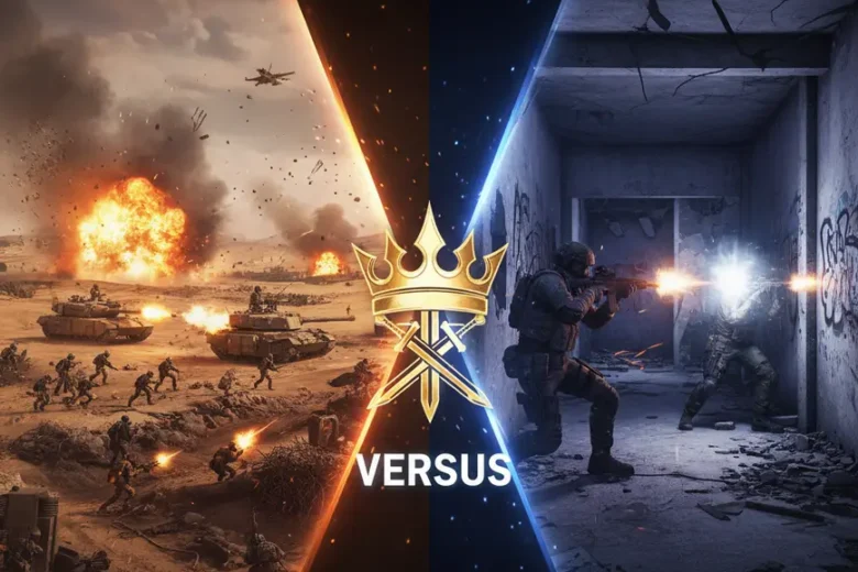 Battlefield 6 versus Call of Duty split screen gaming comparison with victory crown symbol