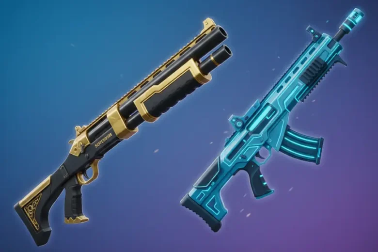 Fortnite Chapter 6 weapons showcase featuring Sovereign Shotgun and Holo Twister assault rifle