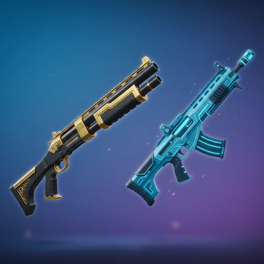 Fortnite Chapter 6 weapons showcase featuring Sovereign Shotgun and Holo Twister assault rifle