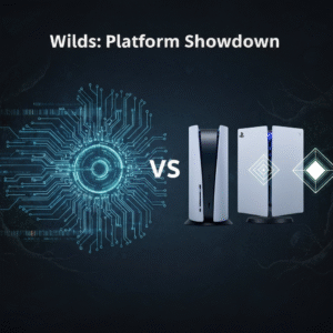 A high-tech visual comparing gaming platforms for Monster Hunter Wilds, featuring abstract representations of PC, PS5, and Xbox hardware with the headline 'Wilds: Platform Showdown'. This image illustrates the article 'Monster Hunter Wilds: PC vs PS5 vs Xbox - Which Platform is Best in 2025?'