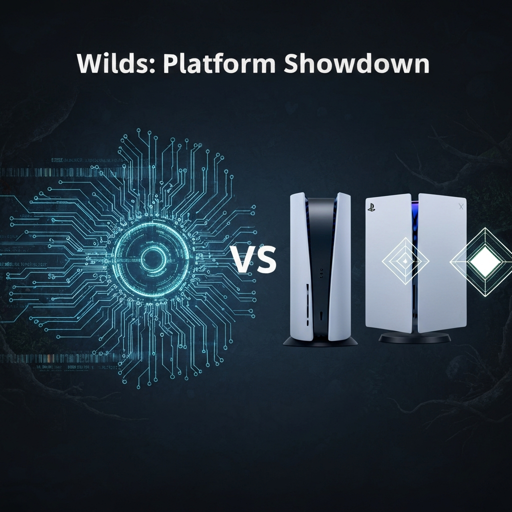 A high-tech visual comparing gaming platforms for Monster Hunter Wilds, featuring abstract representations of PC, PS5, and Xbox hardware with the headline 'Wilds: Platform Showdown'. This image illustrates the article 'Monster Hunter Wilds: PC vs PS5 vs Xbox - Which Platform is Best in 2025?'