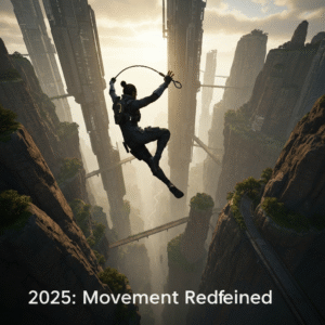 A futuristic character performing an advanced grappling hook maneuver across a vast, vertical open-world game environment, illustrating the technical deep dive into 2025's traversal mechanics.