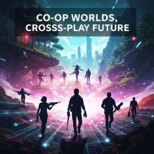A dynamic digital art illustration showing stylized gamer silhouettes from different platforms (PC, PlayStation, Xbox) connected by glowing lines, exploring a vast, vibrant open-world landscape, with the headline "Co-op Worlds, Cross-Play Future" overlaid. This image represents the 2025's Co-op & Multiplayer Open-World Games: A Definitive Cross-Platform Guide.
