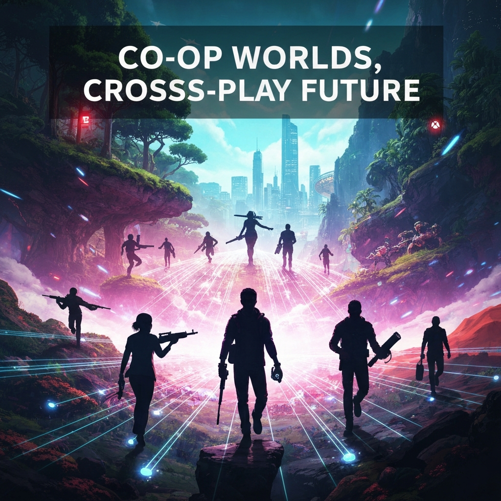 A dynamic digital art illustration showing stylized gamer silhouettes from different platforms (PC, PlayStation, Xbox) connected by glowing lines, exploring a vast, vibrant open-world landscape, with the headline "Co-op Worlds, Cross-Play Future" overlaid. This image represents the 2025's Co-op & Multiplayer Open-World Games: A Definitive Cross-Platform Guide.