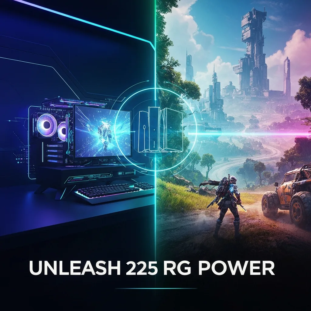 A high-tech gaming PC setup blending into a vibrant open-world RPG landscape, with next-gen console outlines, representing the ultimate guide to 2025's open-world RPG performance review.