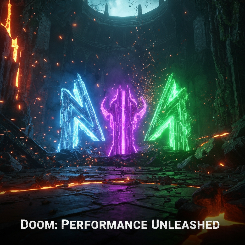 A dynamic, high-contrast image depicting a performance showdown for Doom: The Dark Ages, with stylized representations of PC, PlayStation 5, and Xbox Series X hardware clashing in a brutalist, medieval-tech environment. The headline "Doom: Performance Unleashed" is overlaid, reflecting the article's comparison of platform performance for the 2025 game.