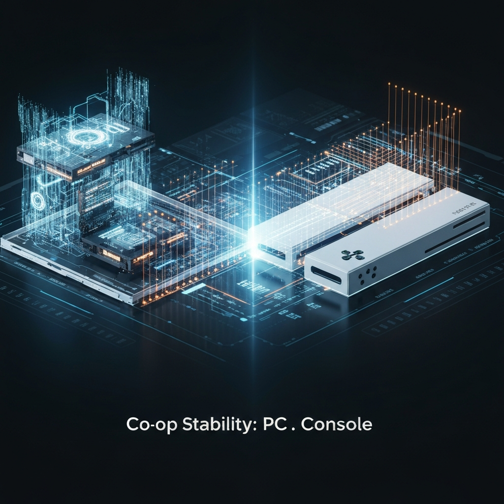 A futuristic digital graphic comparing PC and Console co-op stability, showing intricate data streams for PC and streamlined pathways for Console, connected by a glowing bridge. The image illustrates the technical benchmarks for Monster Hunter Wilds and Borderlands 4, with the headline 'Co-op Stability: PC vs. Console'.