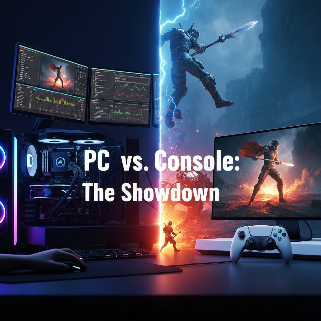 A dynamic visual comparison of a high-end gaming PC setup and a next-gen console setup, with an intense action RPG scene bridging them, illustrating the 2025's Action RPG Showdown: PC vs. Console Performance Compared.