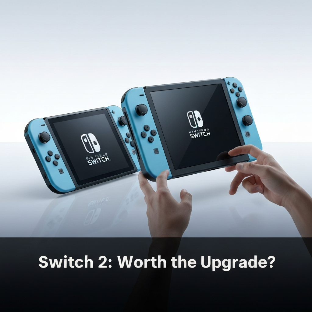 A side-by-side comparison of the Nintendo Switch 1 and Switch 2 consoles, with a gamer's hands contemplating the upgrade, illustrating the article "Nintendo Switch 2 vs. Switch 1: Is the Upgrade Worth It for Gamers in 2025?".