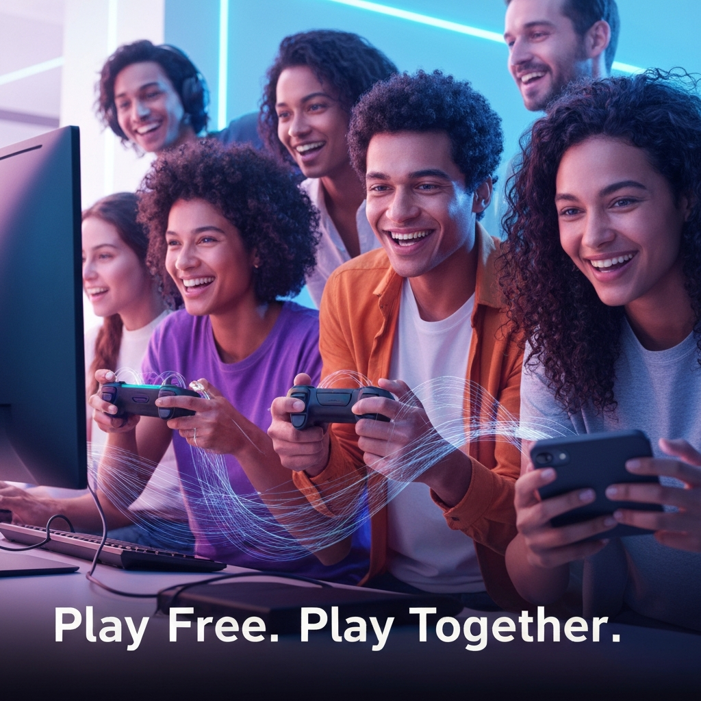 A diverse group of friends happily playing free-to-play multiplayer games across PC, console, and mobile devices, connected by glowing digital lines, illustrating the guide to "The Best Free-to-Play Multiplayer Games: A Complete Guide."