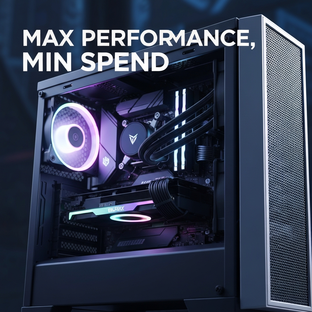 A close-up of a modern, high-performance budget gaming PC setup with glowing internal components, illustrating 'The Ultimate Budget Gaming PC Setup Guide: Max Performance, Min Spend'.
