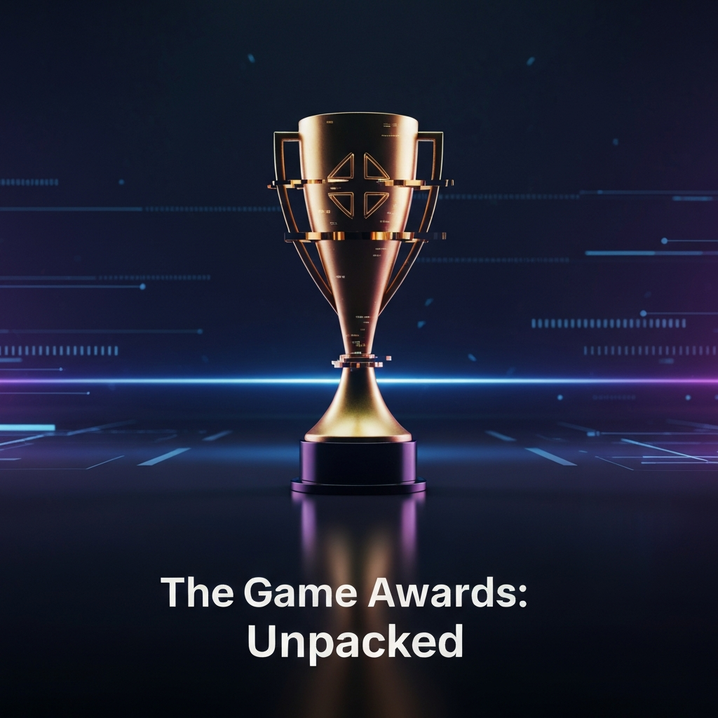 A stylized golden Game Awards trophy with a subtle digital glitch effect, set against a dark, tech-inspired background. The image represents the article 'The Game Awards: 2024 Winners, 2025 Nominees, and the Biggest Snubs', highlighting the blend of celebration and controversy.