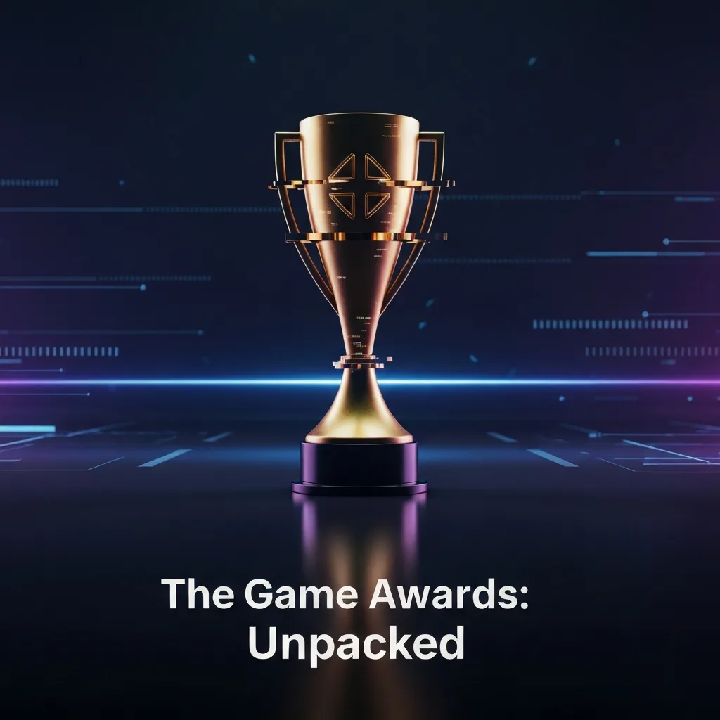 A stylized golden Game Awards trophy with a subtle digital glitch effect, set against a dark, tech-inspired background. The image represents the article 'The Game Awards: 2024 Winners, 2025 Nominees, and the Biggest Snubs', highlighting the blend of celebration and controversy.