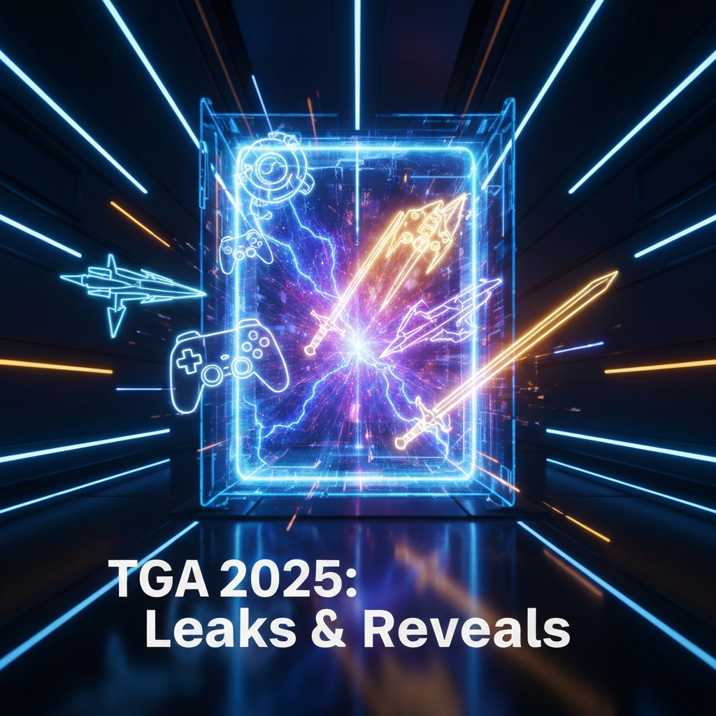 A futuristic digital art piece featuring a glowing holographic portal with emerging video game symbols, representing confirmed leaks, rumors, and predictions for The Game Awards 2025.