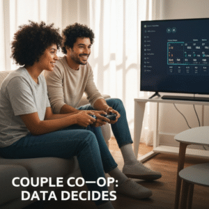 A diverse couple smiling and collaborating while playing a data-driven couch co-op video game on a modern TV, illustrating a data-driven comparison for couples' gaming choices.