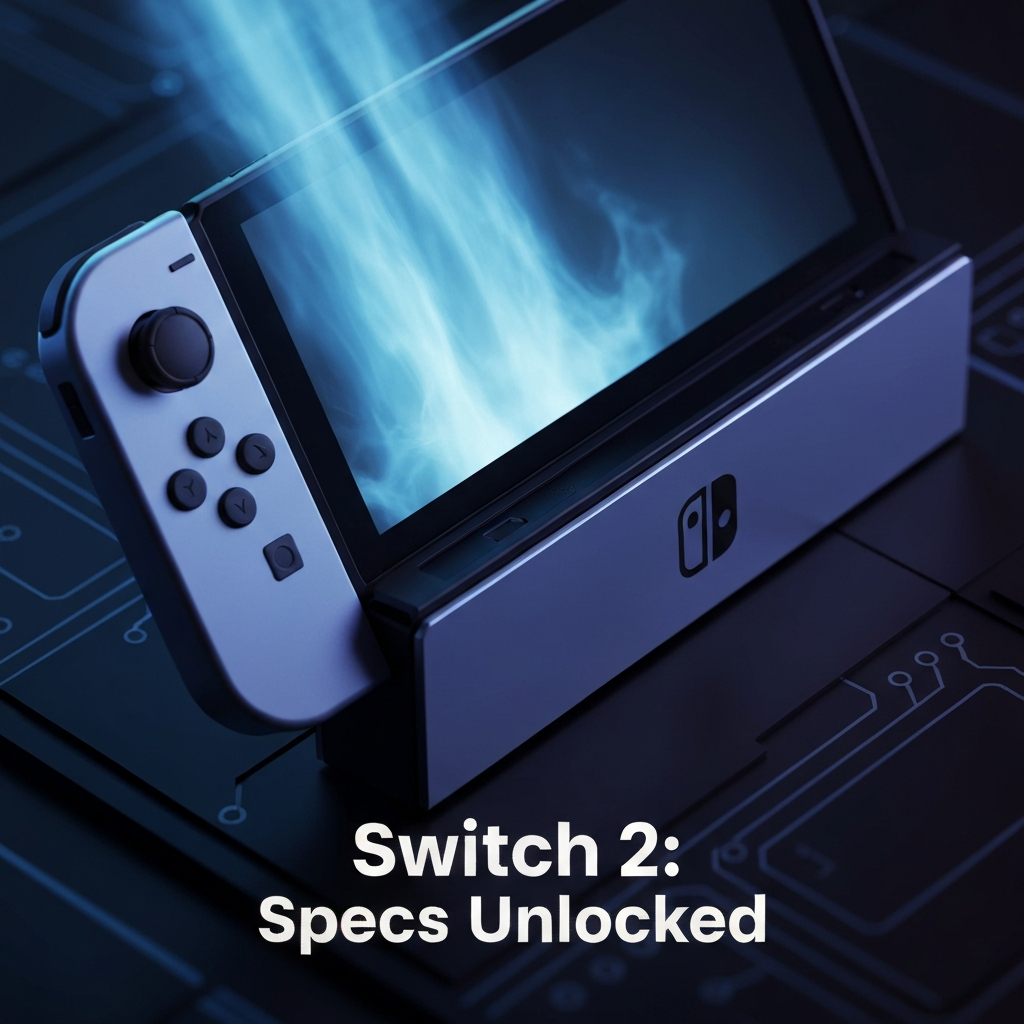 A futuristic image of the Nintendo Switch 2 console glowing with blue and purple light, with the headline "Switch 2: Specs Unlocked" overlaid, representing the confirmed specifications, release date, and debunked rumors of the next-generation Nintendo console.