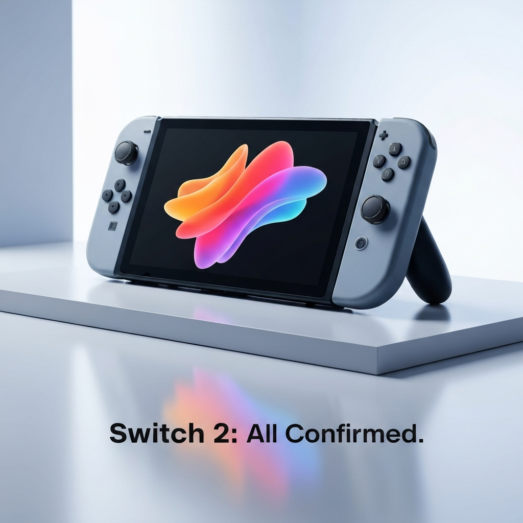 A high-resolution image of the new Nintendo Switch 2 console, featuring its vibrant screen and redesigned Joy-Cons, with the headline "Switch 2: All Confirmed." overlaid. This image accompanies "Nintendo Switch 2: The Ultimate Guide to Confirmed Specs, Price, and Release Date."