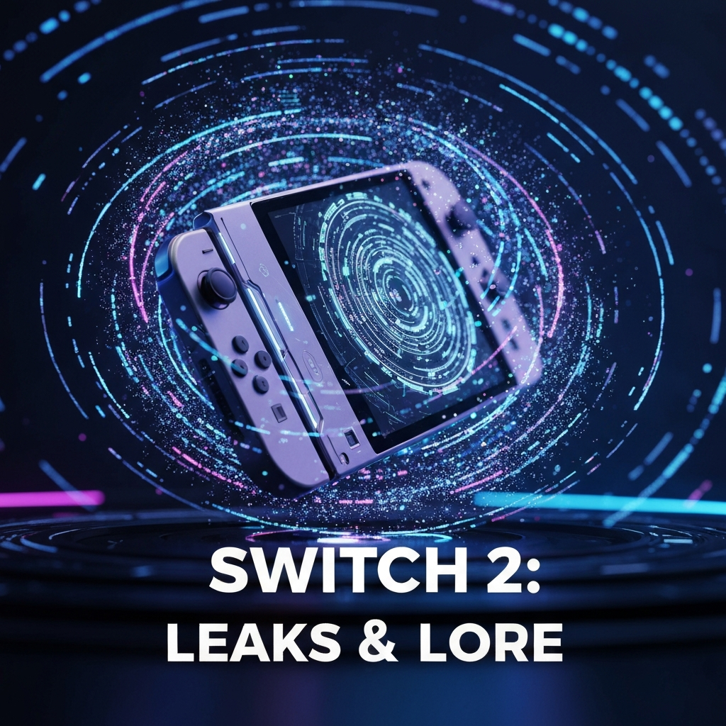 A futuristic, sleek Nintendo Switch 2 console emerging from digital data streams and holographic light, with the headline "Switch 2: Leaks & Lore" overlaid. This image accompanies the article "Nintendo Switch 2 Leaks: The Complete Guide to Specs, Games, and Release Date Rumors."