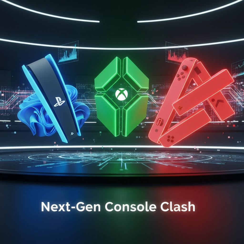 Dynamic visual comparing PS6, Xbox Next, and Switch 2 next-gen consoles, featuring glowing abstract representations and holographic data, with the headline "Next-Gen Console Clash".