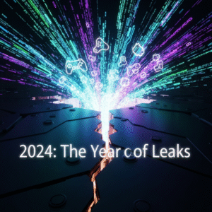 A digital art image showing glowing data streams erupting from a crack in a dark, futuristic surface, symbolizing game leaks and exposed secrets. The headline "2024: The Year of Leaks" is overlaid. This image represents "The Biggest Game Leaks of 2024: A Complete Roundup."