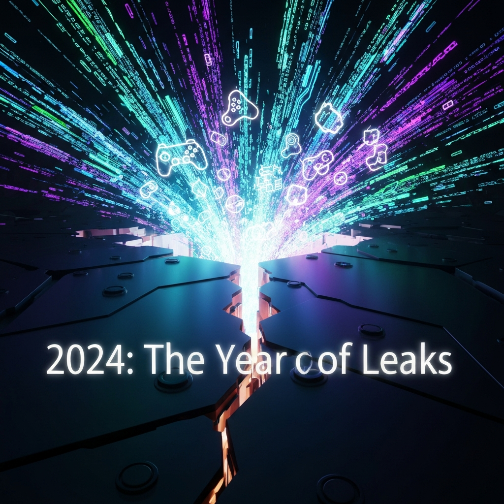 A digital art image showing glowing data streams erupting from a crack in a dark, futuristic surface, symbolizing game leaks and exposed secrets. The headline "2024: The Year of Leaks" is overlaid. This image represents "The Biggest Game Leaks of 2024: A Complete Roundup."