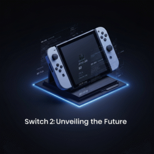 A futuristic, glowing silhouette of the rumored Nintendo Switch 2 console, surrounded by holographic data and digital elements, representing hardware leaks, price, specs, and release date rumors. The image captures the anticipation for the next-gen console, as explained in the article "Nintendo Switch 2 Hardware Leaks: 2025 Price, Specs, and Release Date Rumors Explained."