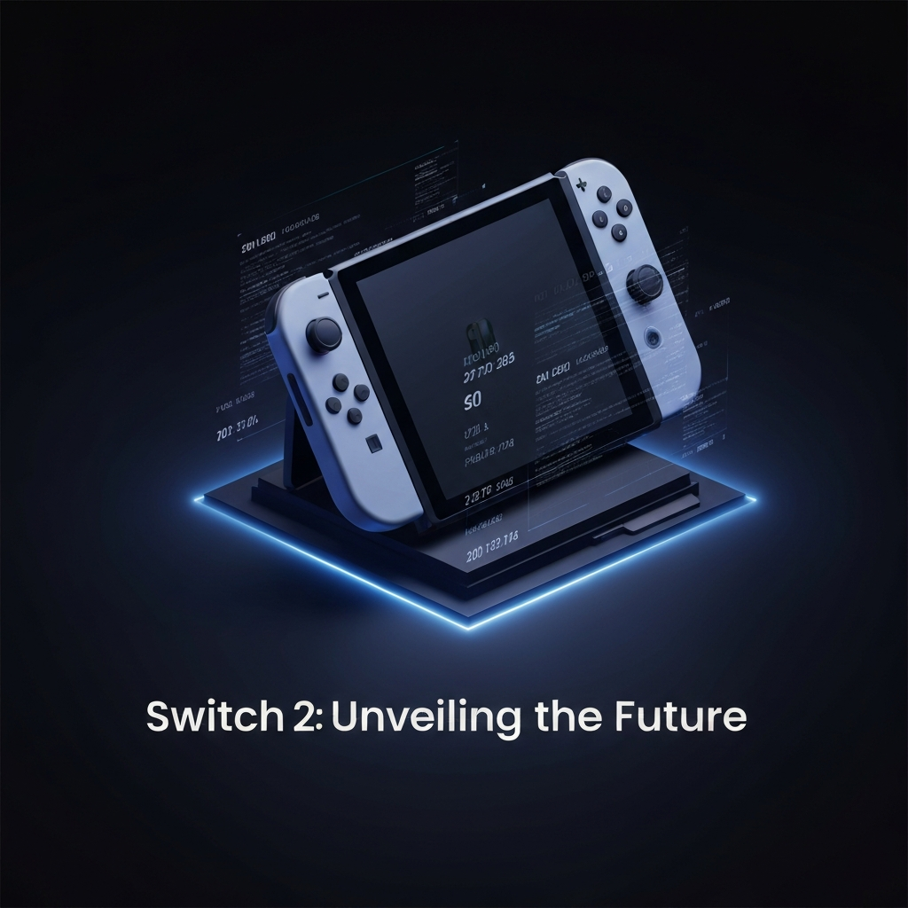 A futuristic, glowing silhouette of the rumored Nintendo Switch 2 console, surrounded by holographic data and digital elements, representing hardware leaks, price, specs, and release date rumors. The image captures the anticipation for the next-gen console, as explained in the article "Nintendo Switch 2 Hardware Leaks: 2025 Price, Specs, and Release Date Rumors Explained."